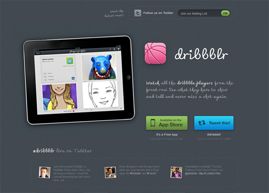 iOS app website design: dribbblr