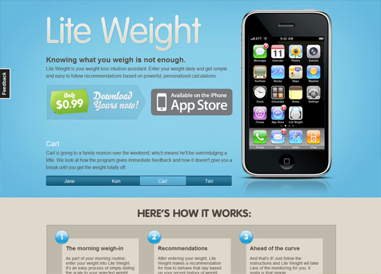 iOS app website design: Lite Weight iPhone App